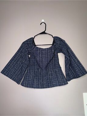 Zara Off-Shoulder Navy and White Tweed Peplum Top